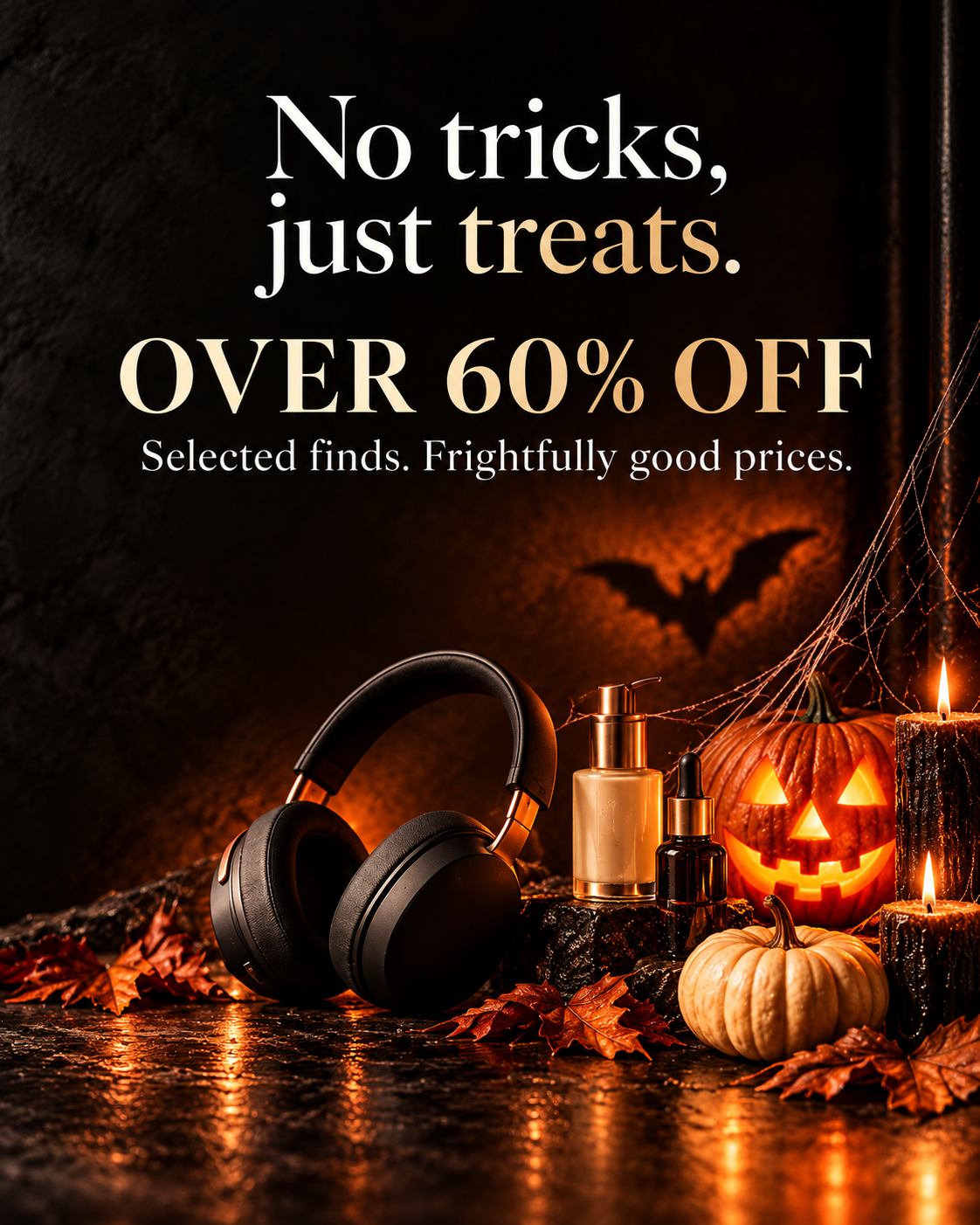 No tricks, just treats. Over 60% off. Selected finds. Frightfully good prices.